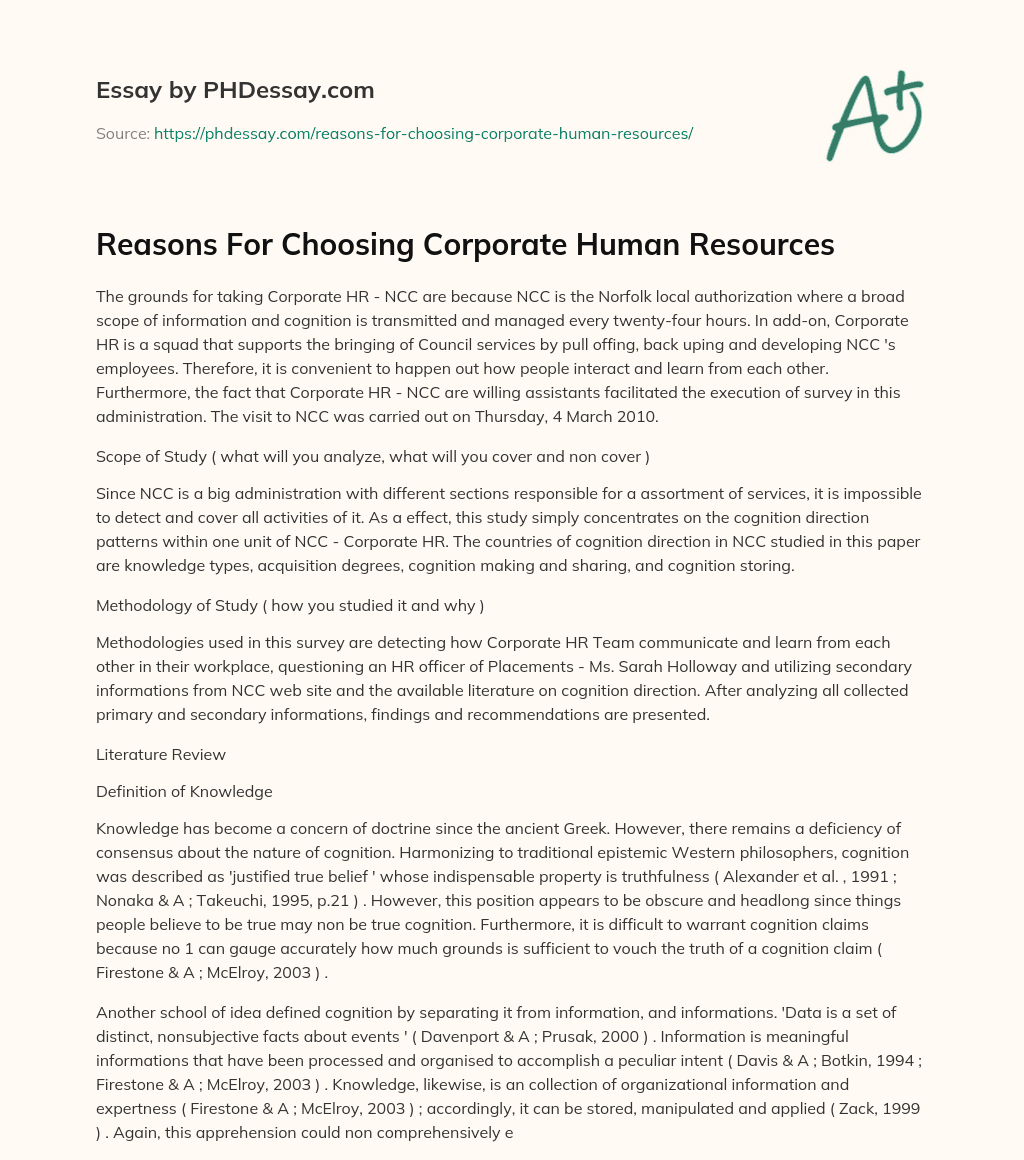Reasons For Choosing Corporate Human Resources essay
