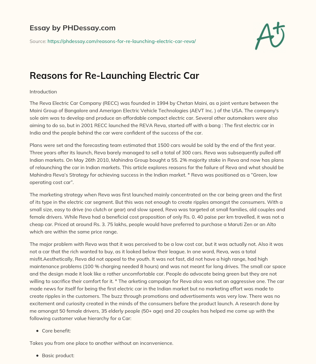 Reasons for Re-Launching Electric Car essay