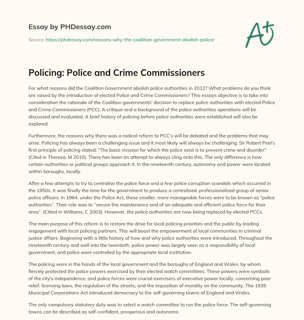 Policing: Police and Crime Commissioners essay