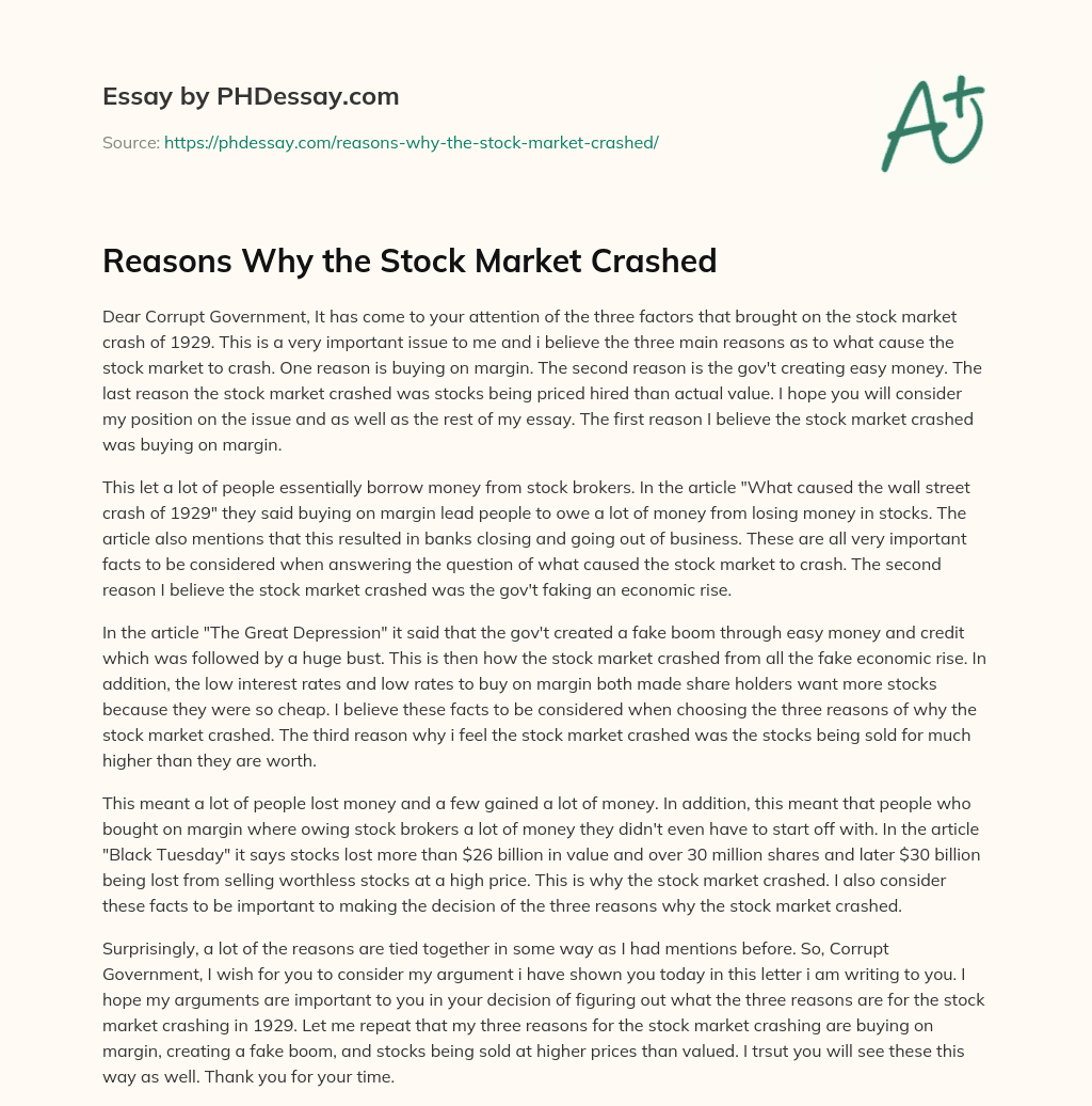 Reasons Why the Stock Market Crashed essay