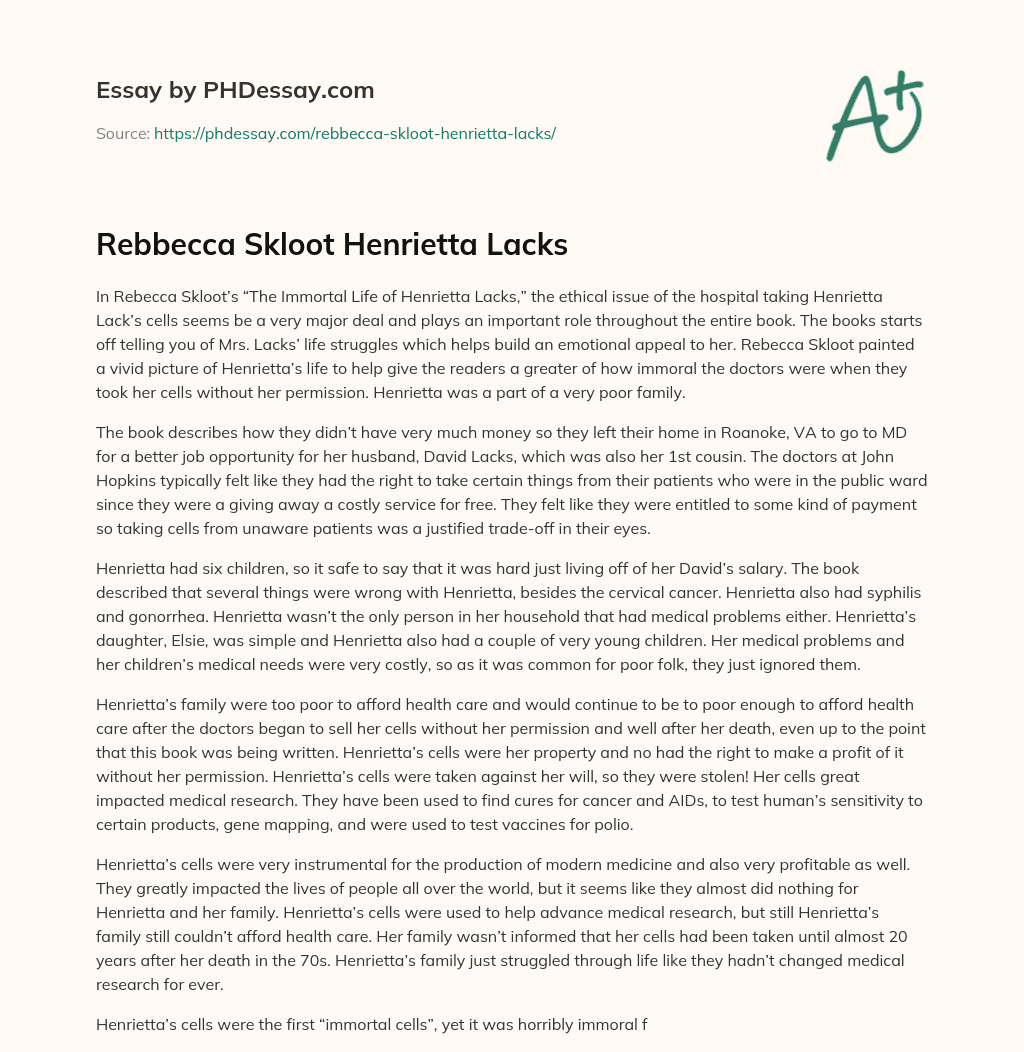 Rebbecca Skloot Henrietta Lacks essay