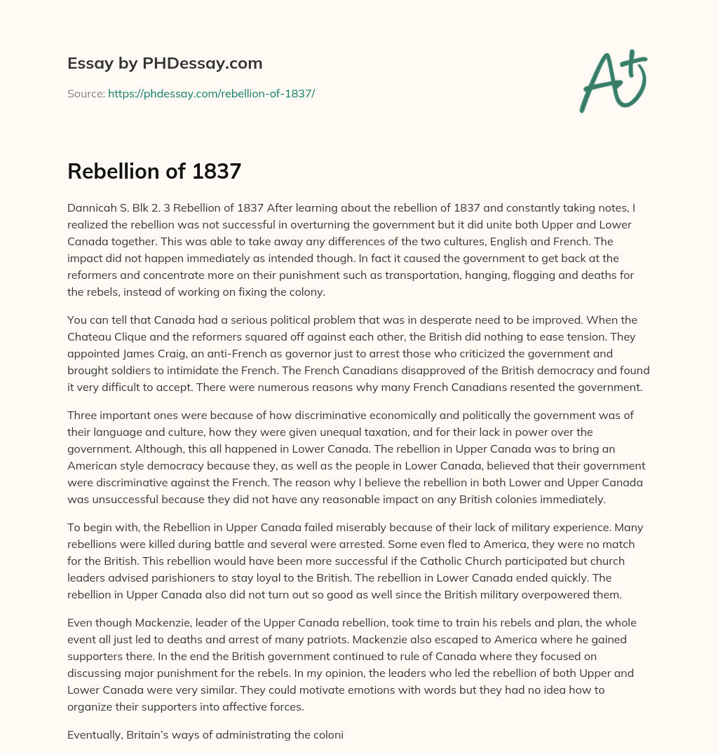 Rebellion of 1837 essay