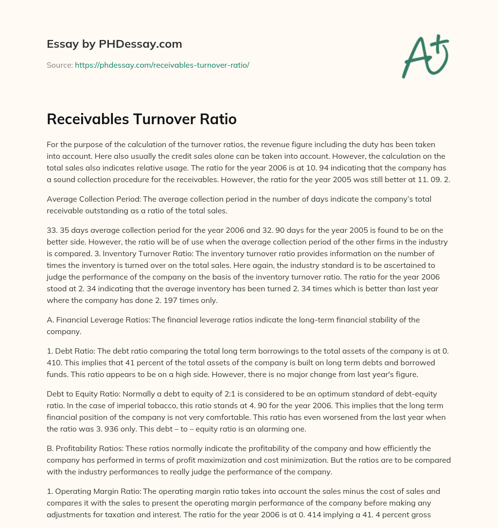 Receivables Turnover Ratio essay