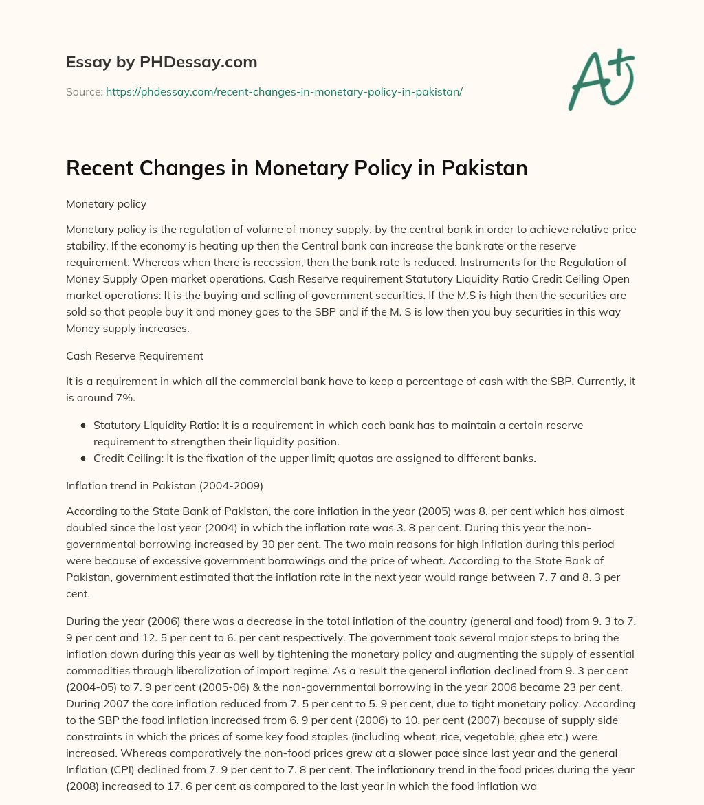 Recent Changes in Monetary Policy in Pakistan essay
