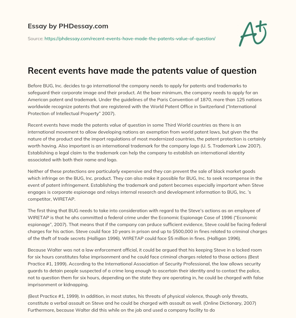 Recent events have made the patents value of question essay