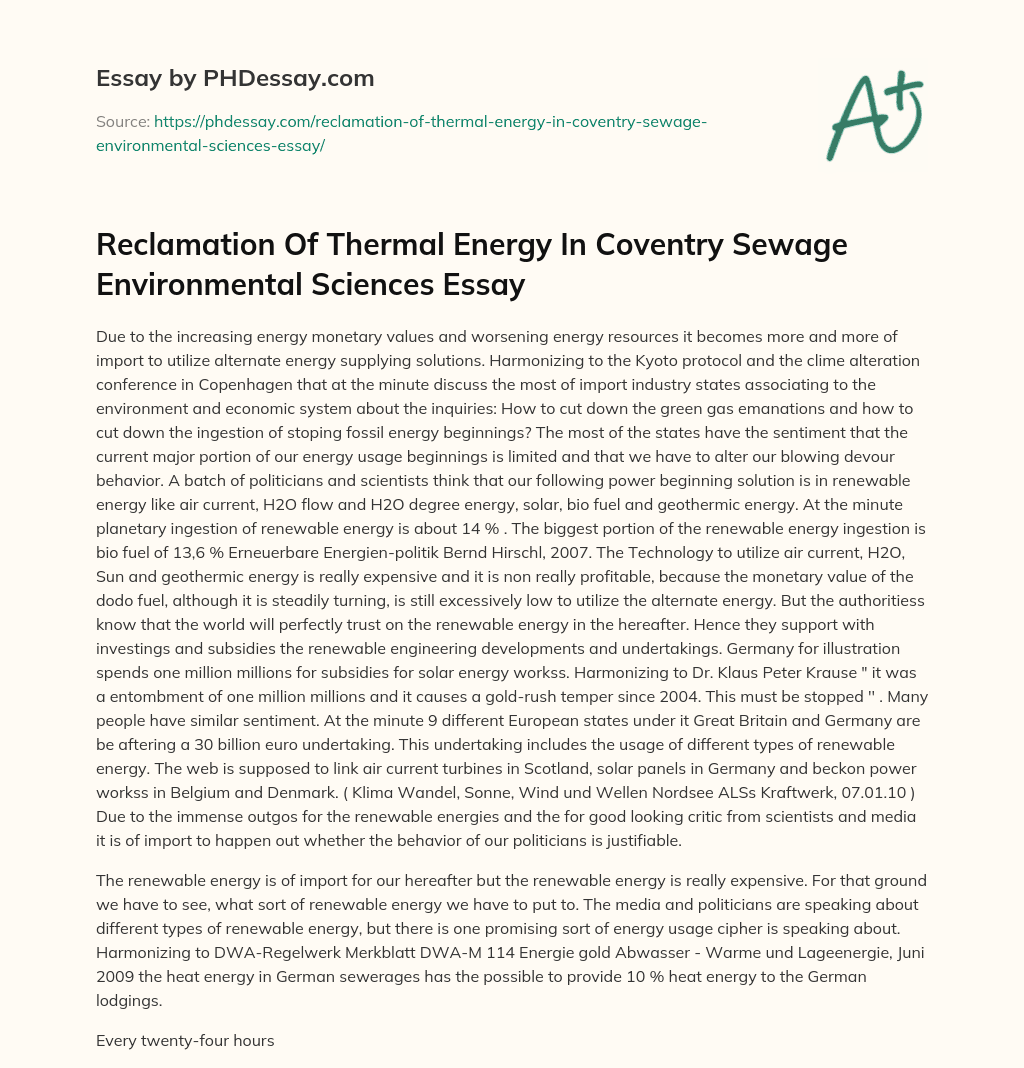 Reclamation Of Thermal Energy In Coventry Sewage Environmental Sciences Essay essay