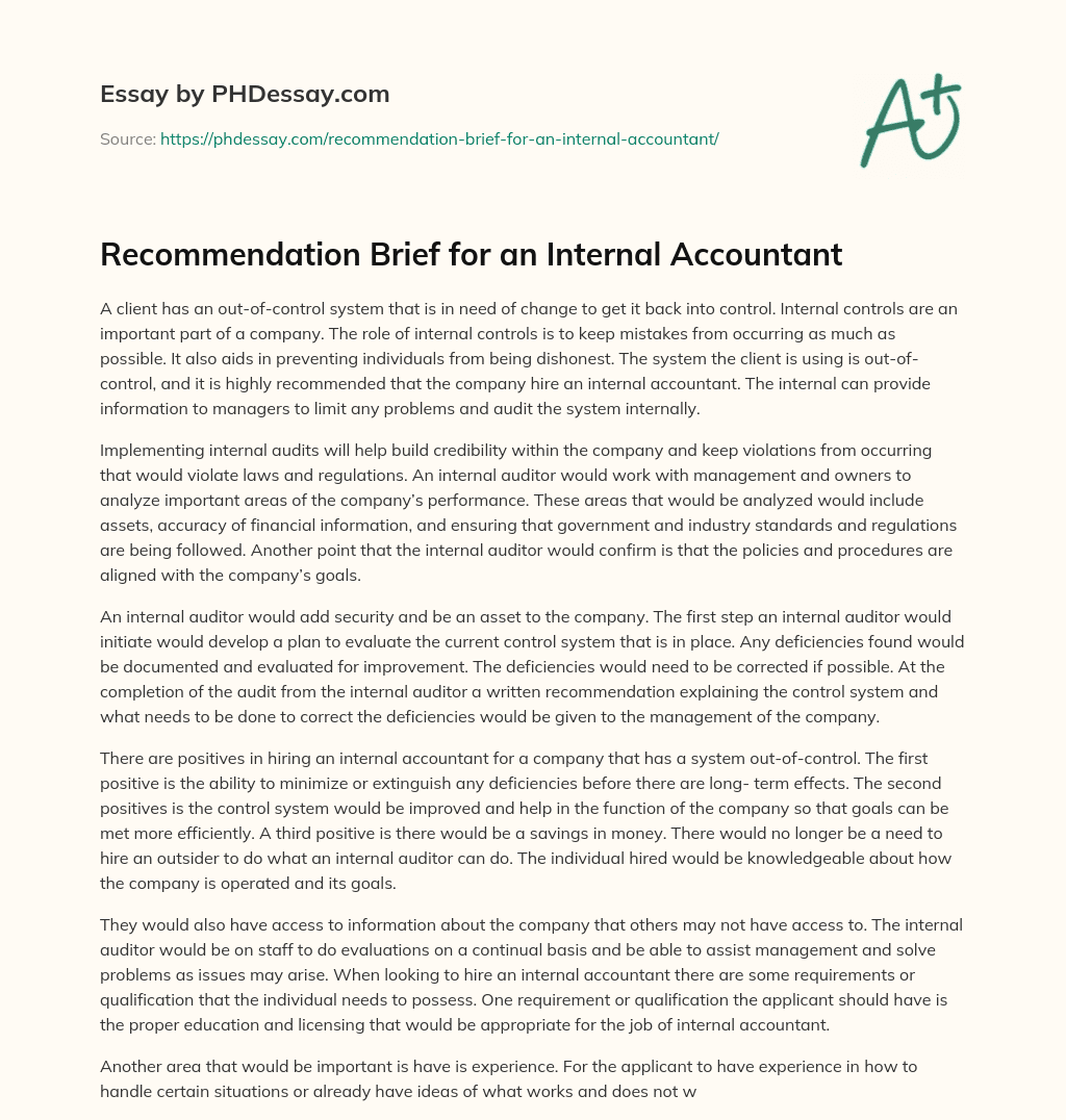 Recommendation Brief for an Internal Accountant essay