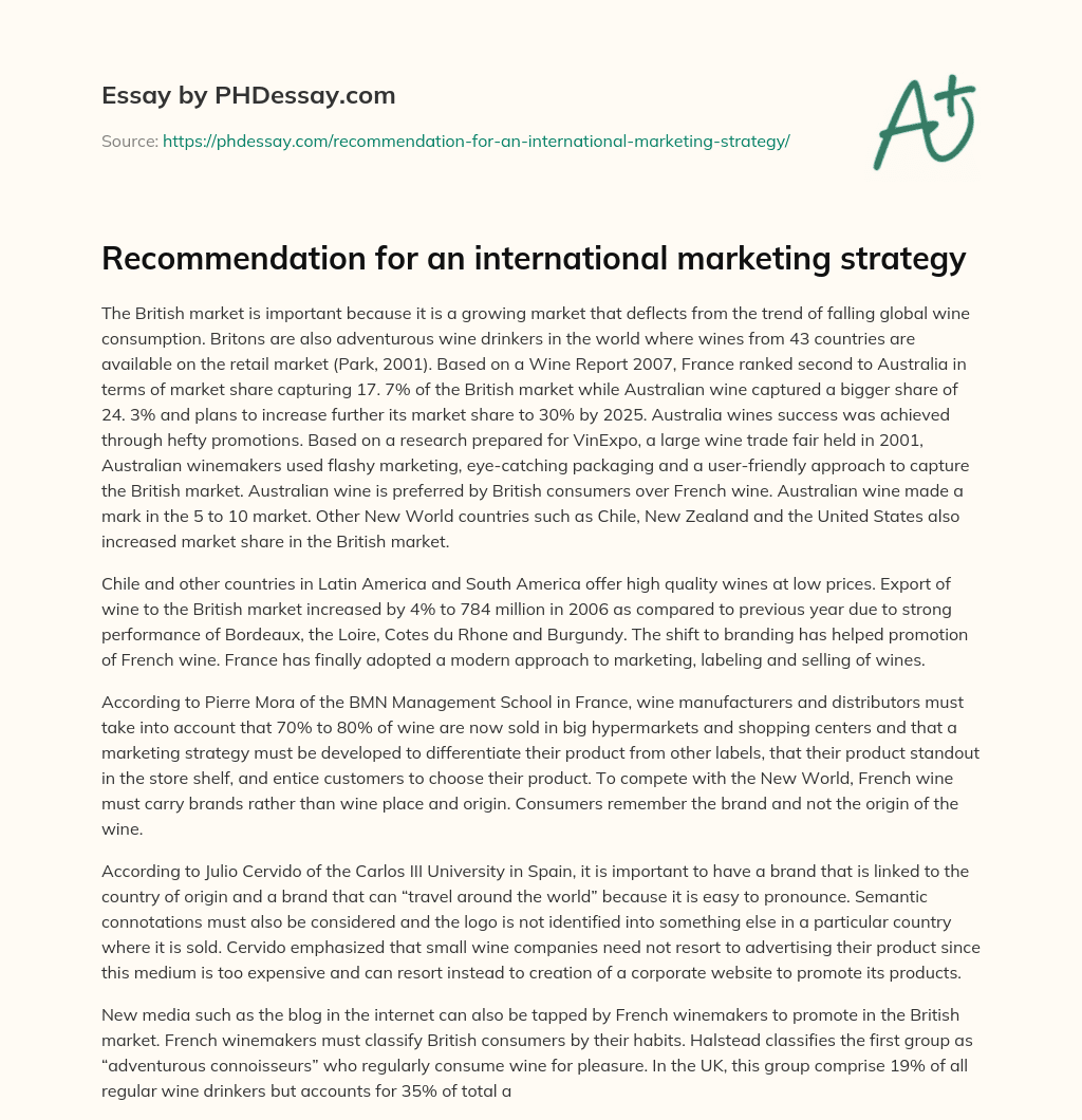 Recommendation for an international marketing strategy essay