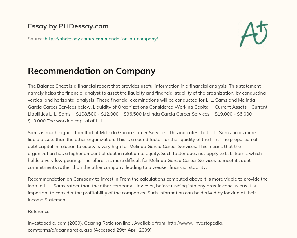 Recommendation on Company essay