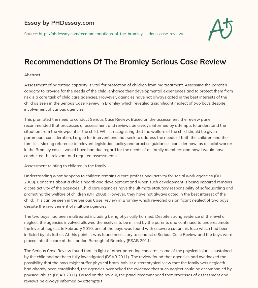 Recommendations Of The Bromley Serious Case Review essay