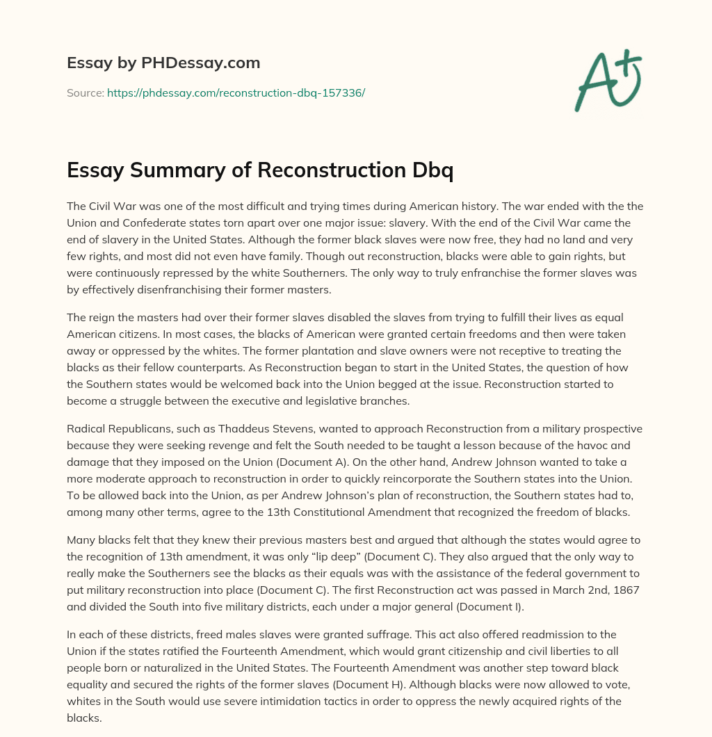 Essay Summary of Reconstruction Dbq essay