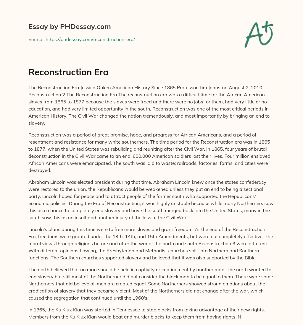 Reconstruction Era essay