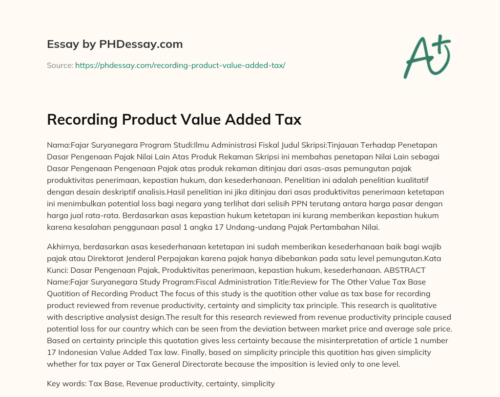 Recording Product Value Added Tax essay