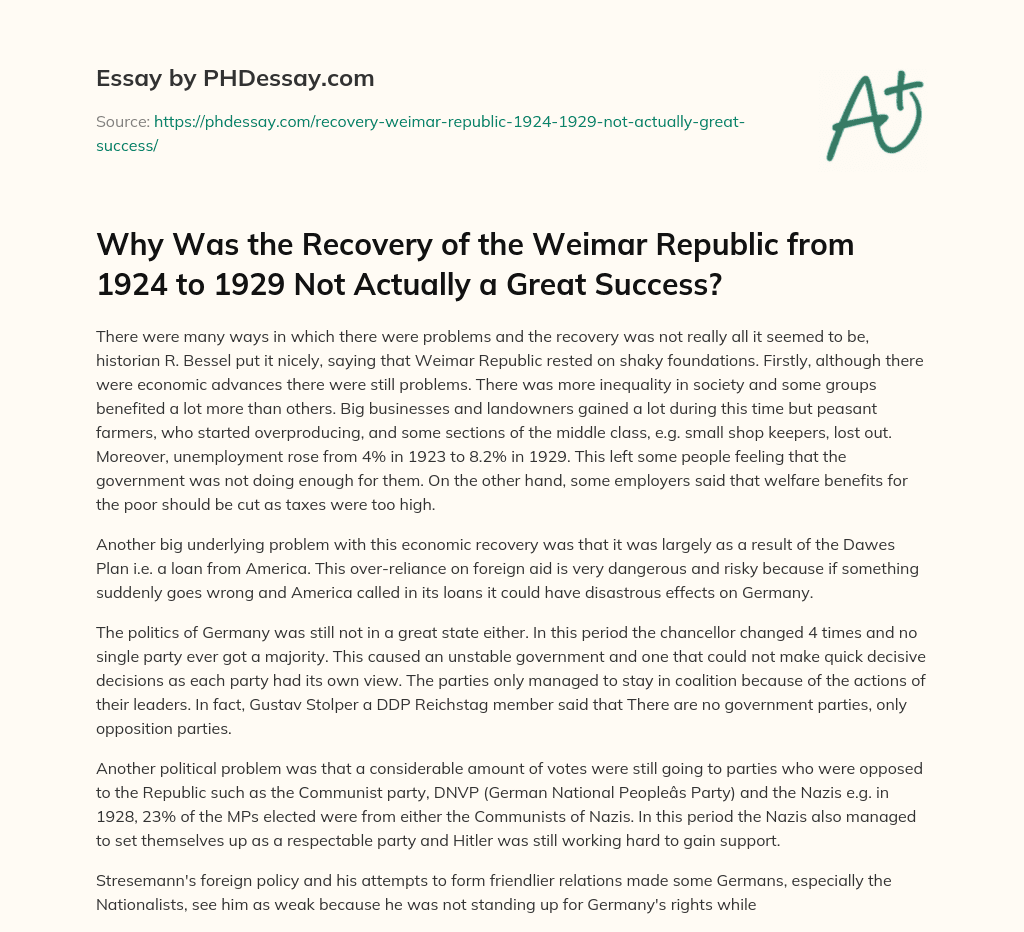 Why Was the Recovery of the Weimar Republic from 1924 to 1929 Not Actually a Great Success? essay