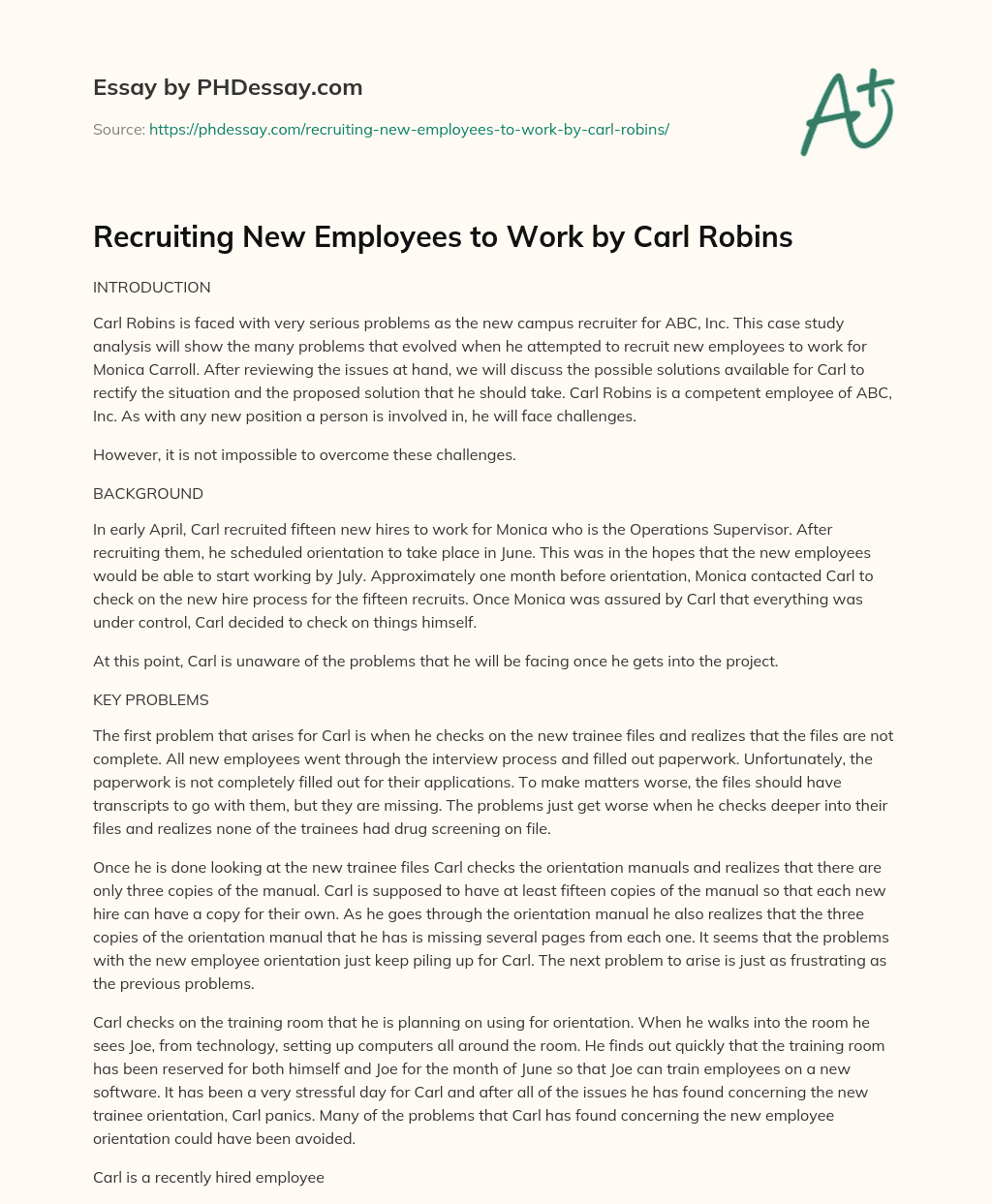 Recruiting New Employees to Work by Carl Robins essay
