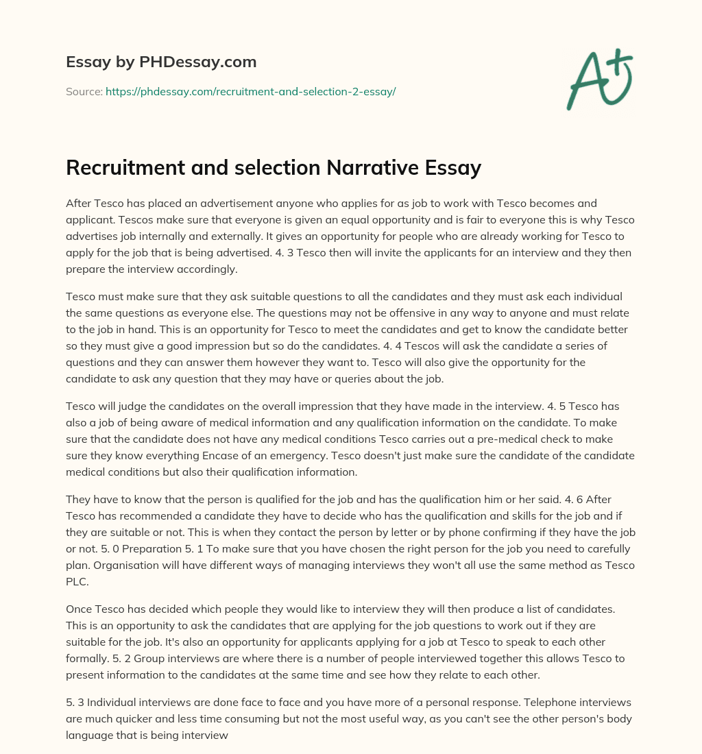 Recruitment and selection Narrative Essay essay