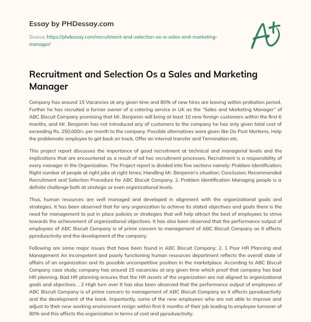 Recruitment and Selection Os a Sales and Marketing Manager essay
