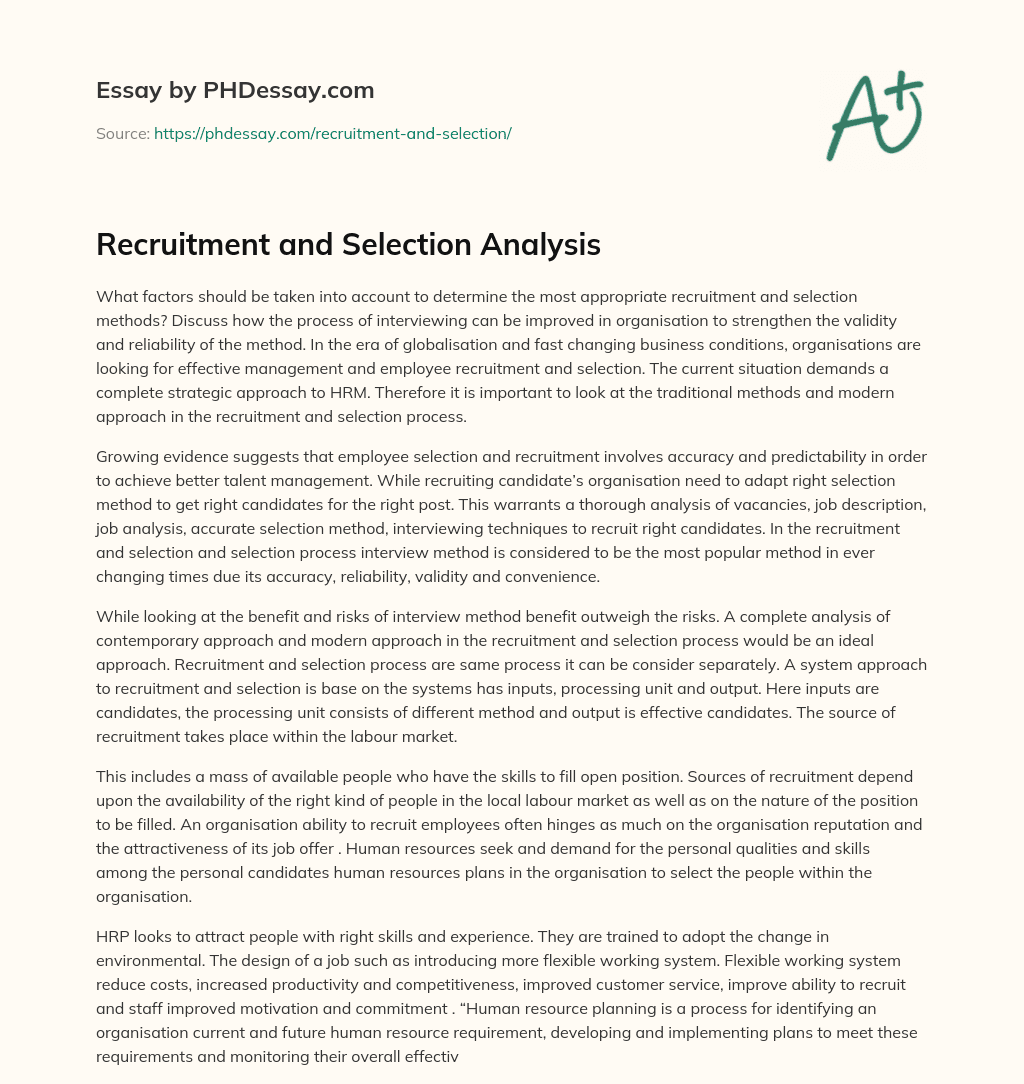 Recruitment and Selection Analysis essay