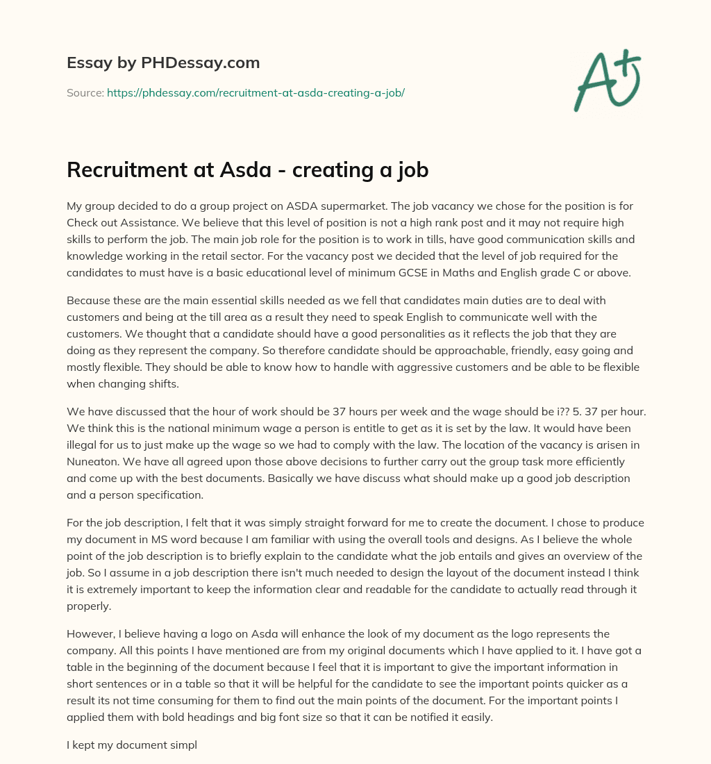 Recruitment at Asda – creating a job essay