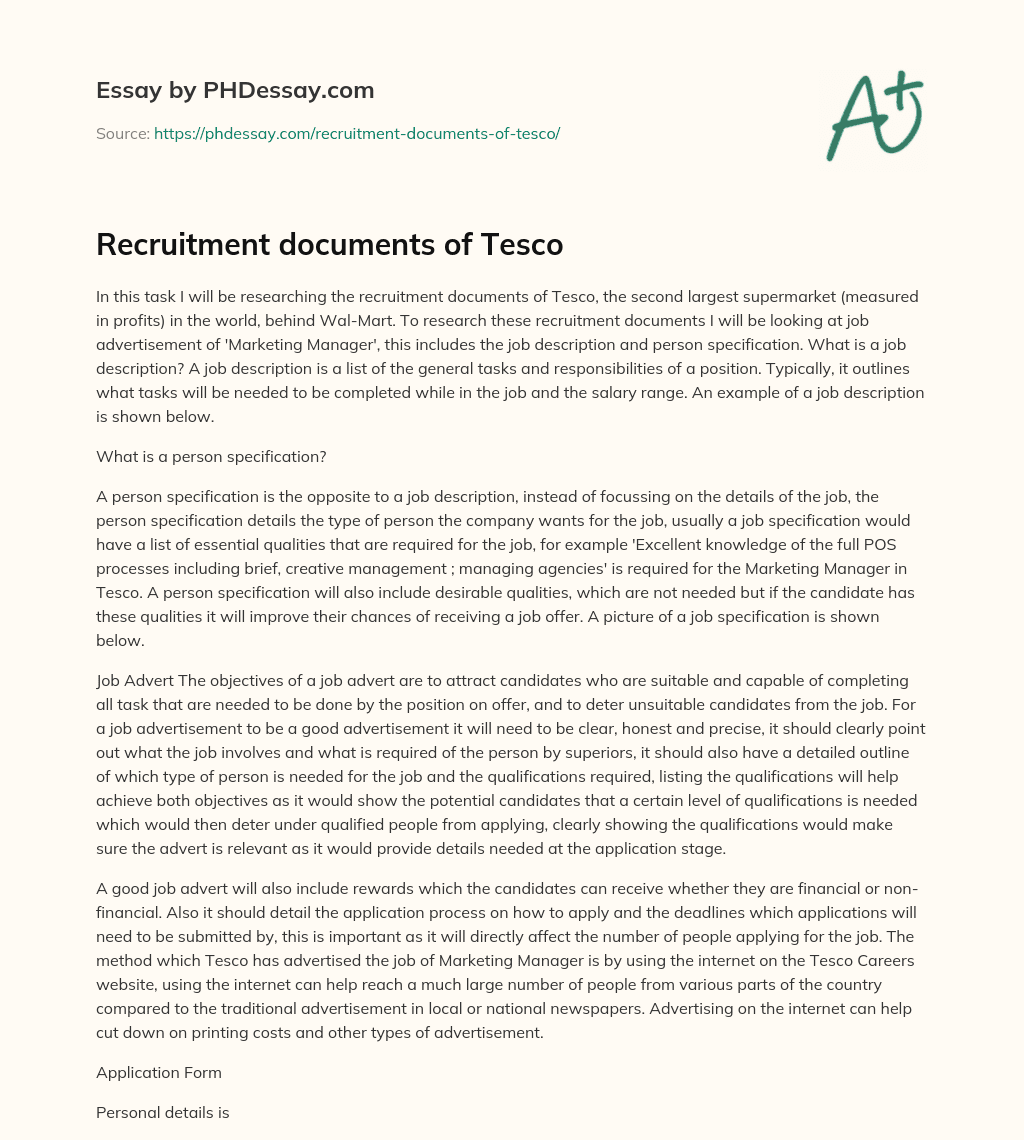Recruitment documents of Tesco essay