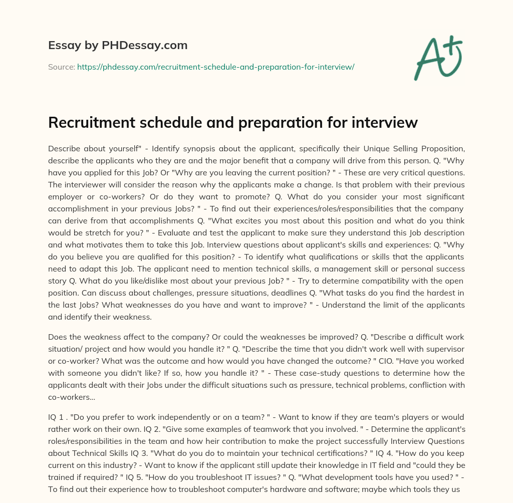 Recruitment schedule and preparation for interview essay