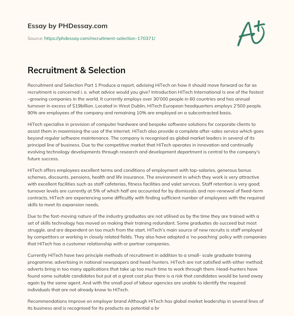 Recruitment & Selection essay