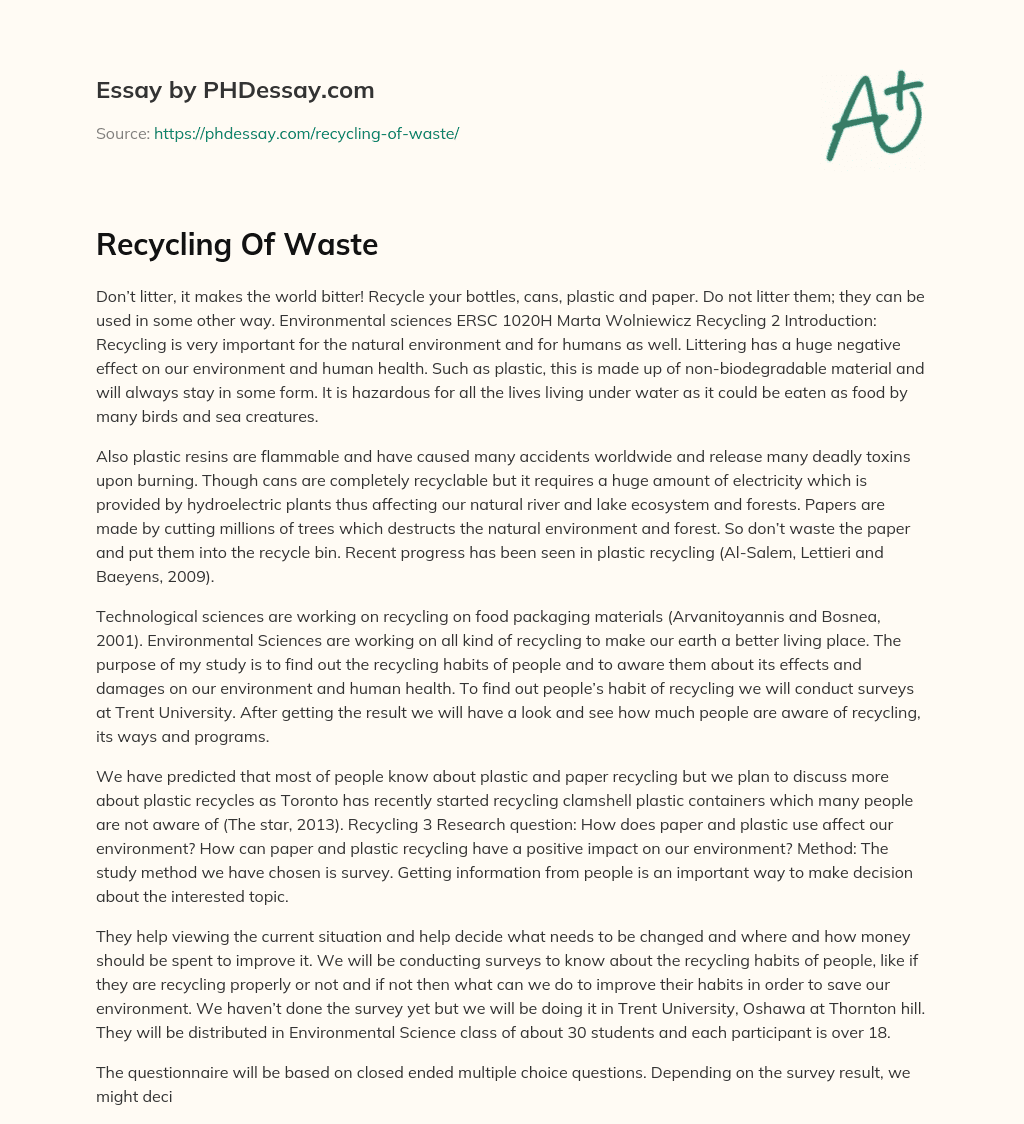Recycling Of Waste essay