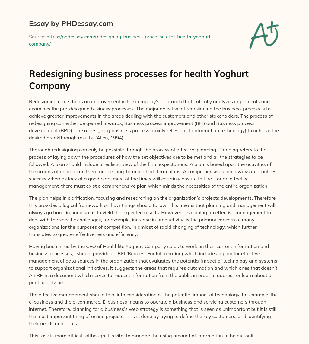 Redesigning business processes for health Yoghurt Company essay
