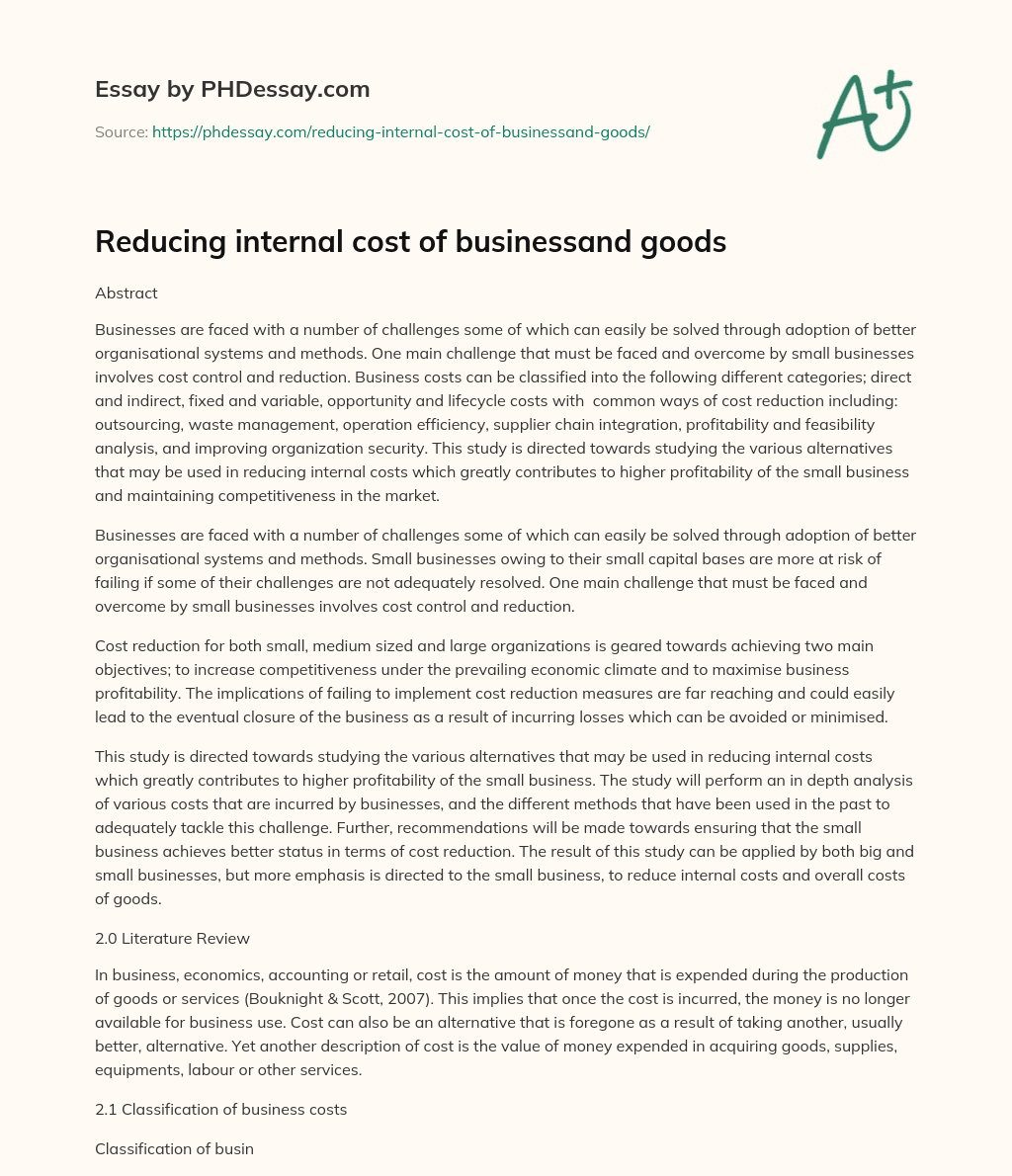 Reducing internal cost of businessand goods essay