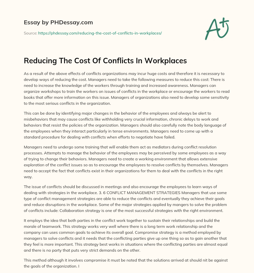 Reducing The Cost Of Conflicts In Workplaces essay