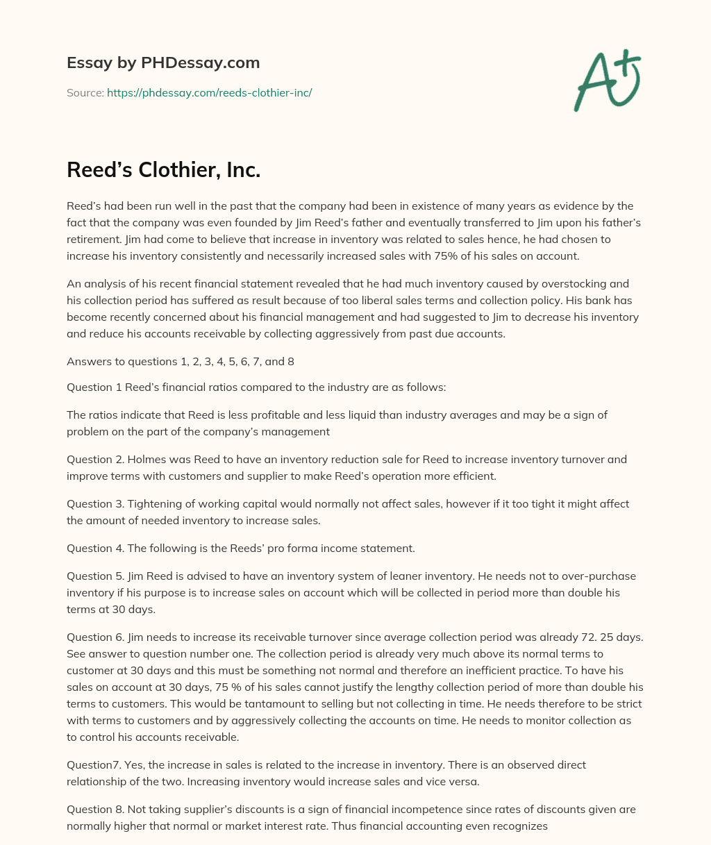 Reed’s Financial Mismanagement and Suggested Solutions essay
