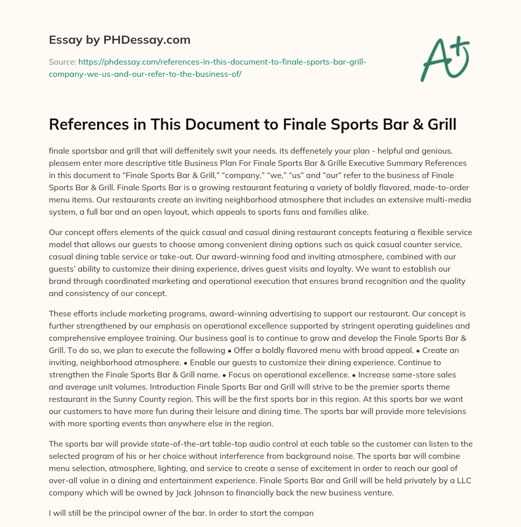 References in This Document to Finale Sports Bar & Grill essay