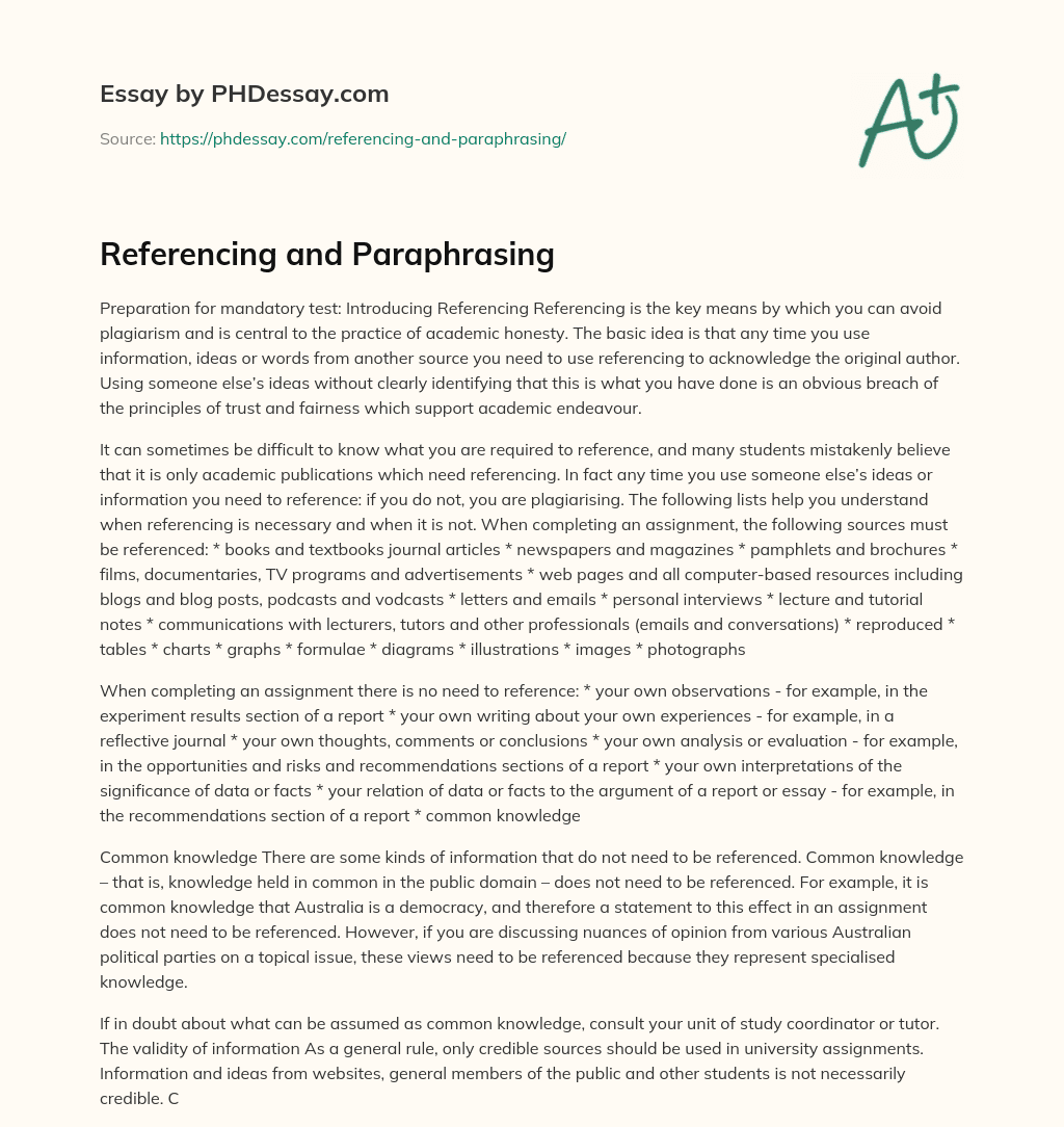 Referencing and Paraphrasing essay