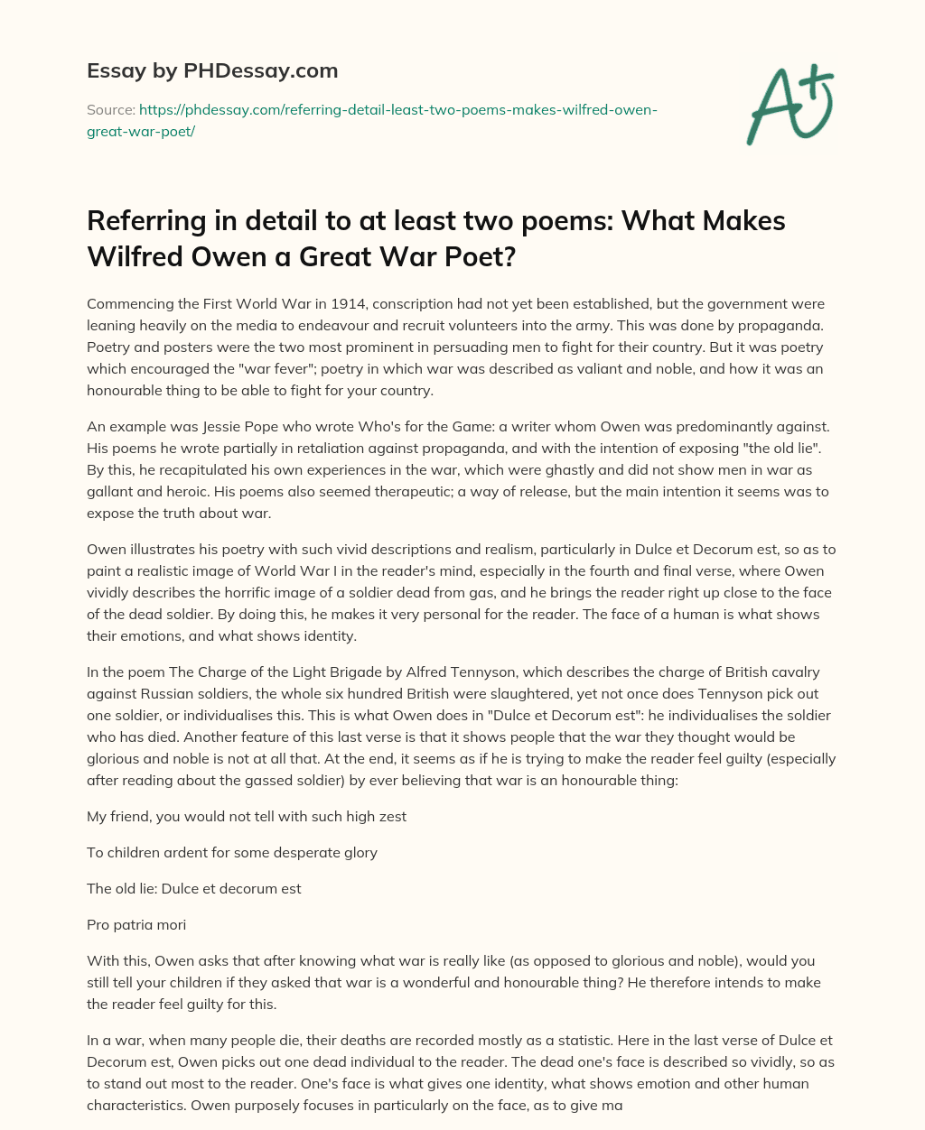 Referring in detail to at least two poems: What Makes Wilfred Owen a Great War Poet? essay