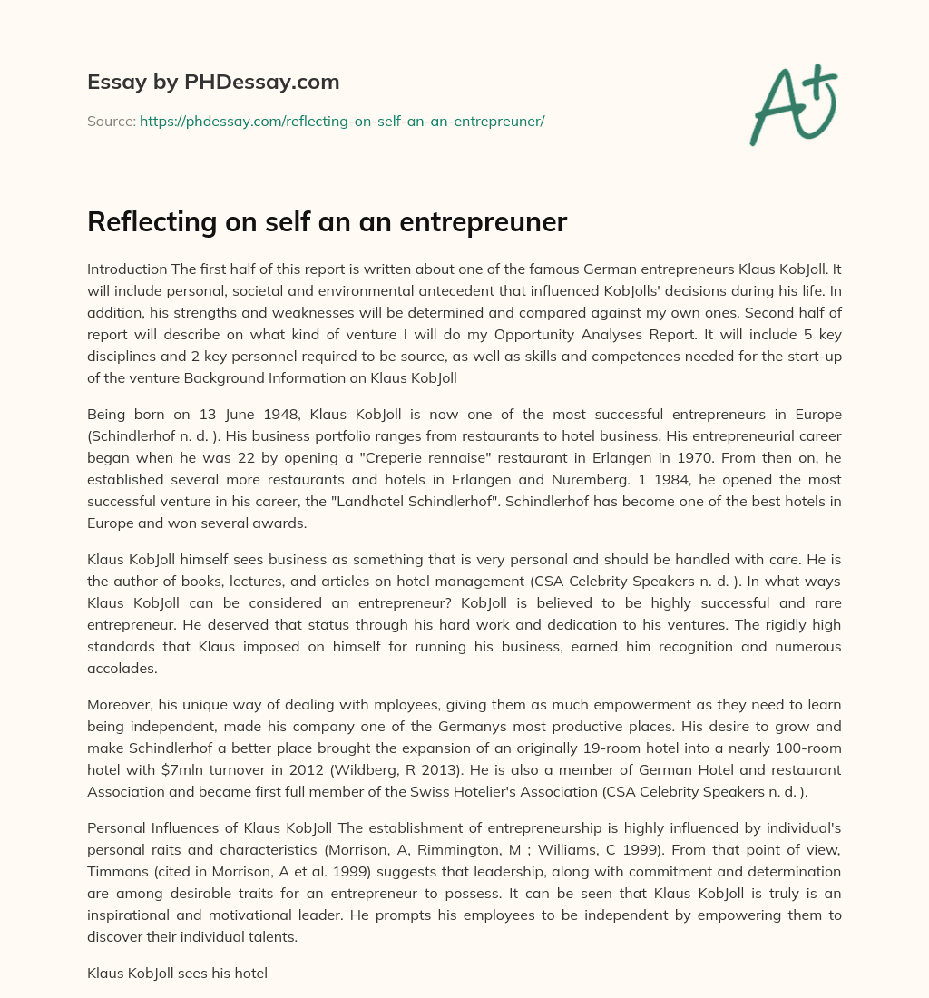 Reflecting on self an an entrepreuner essay
