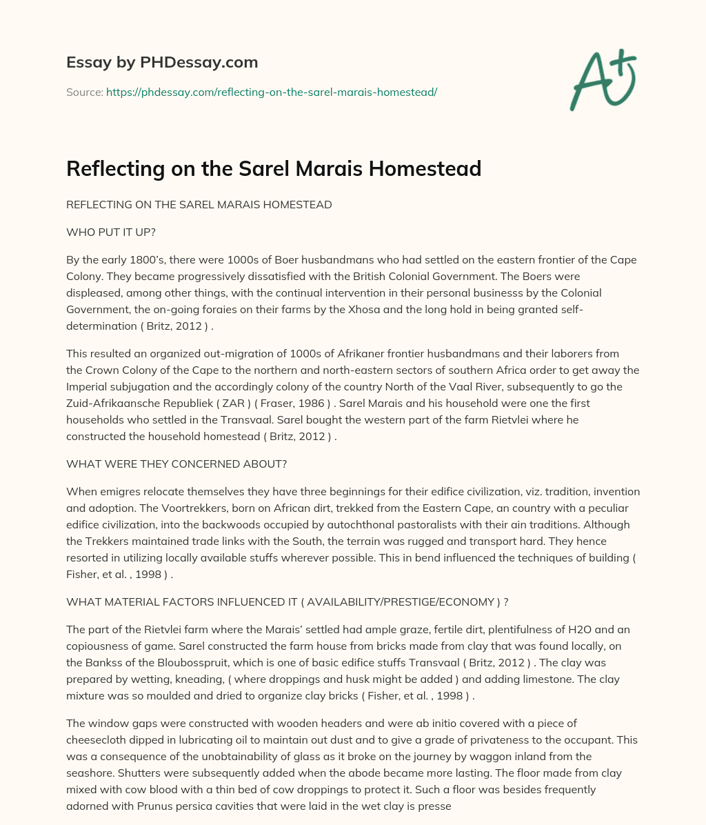 Reflecting on the Sarel Marais Homestead essay