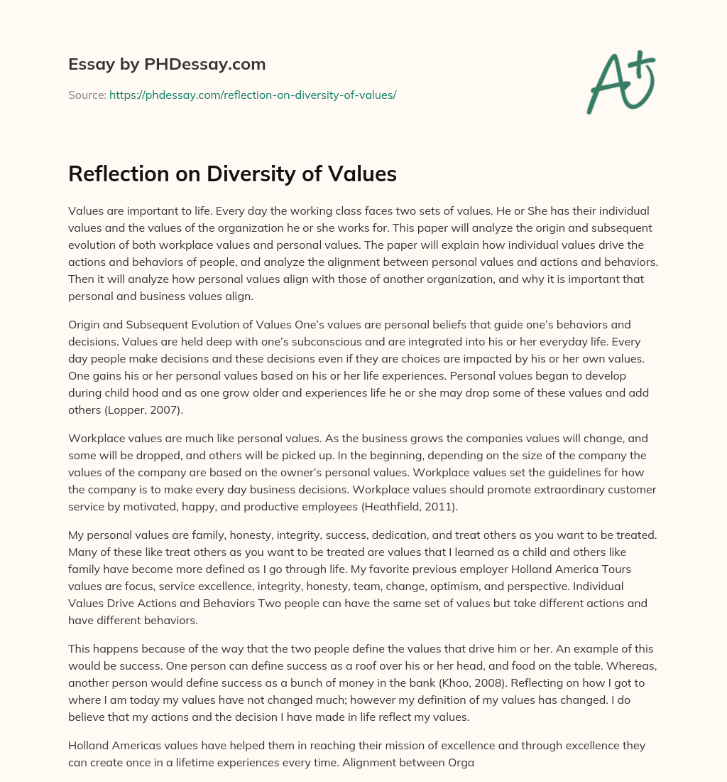 reflection essay on values