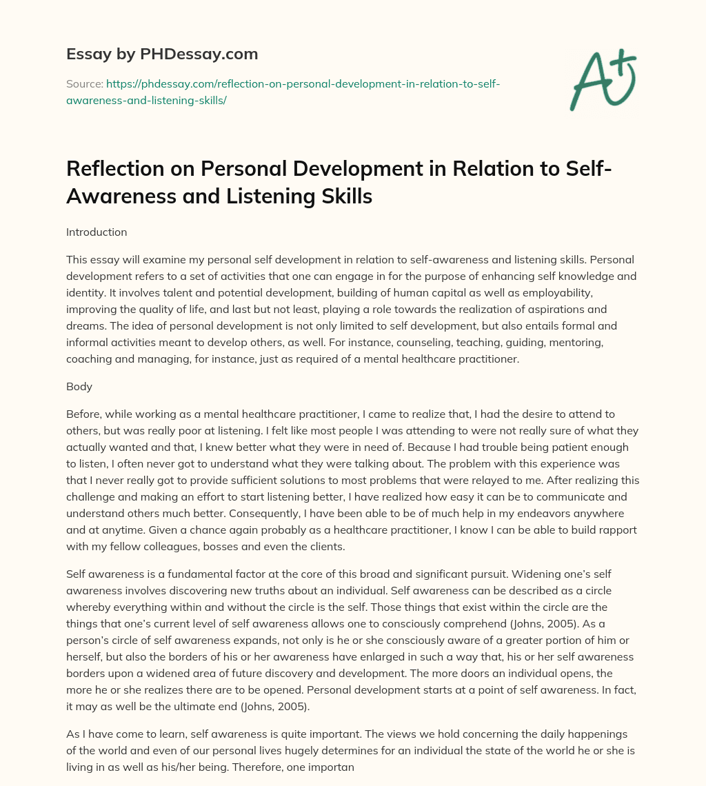 Reflection on Personal Development in Relation to Self-Awareness and Listening Skills essay