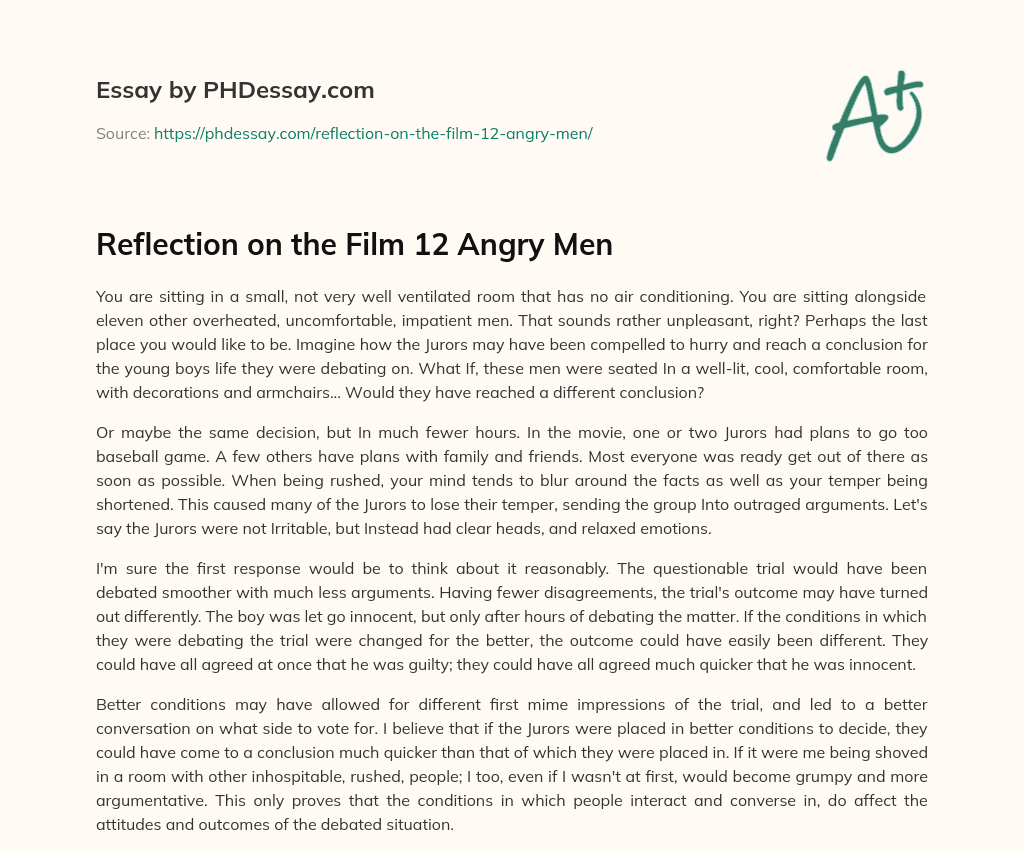 Reflection on the Film 12 Angry Men essay