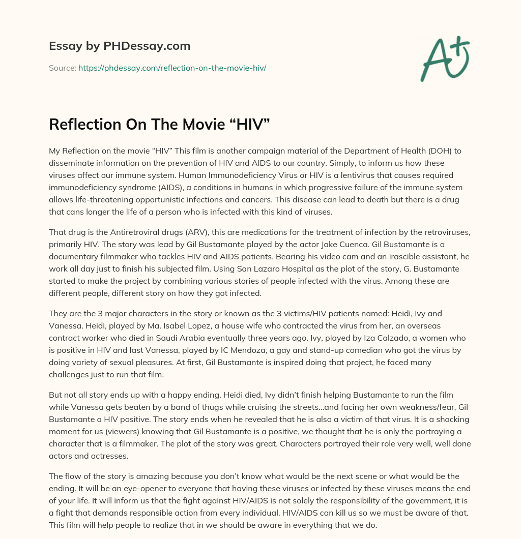 Reflection On The Movie “HIV” essay