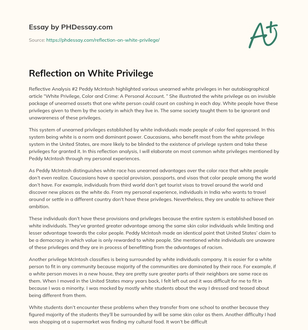 Reflection on White Privilege essay