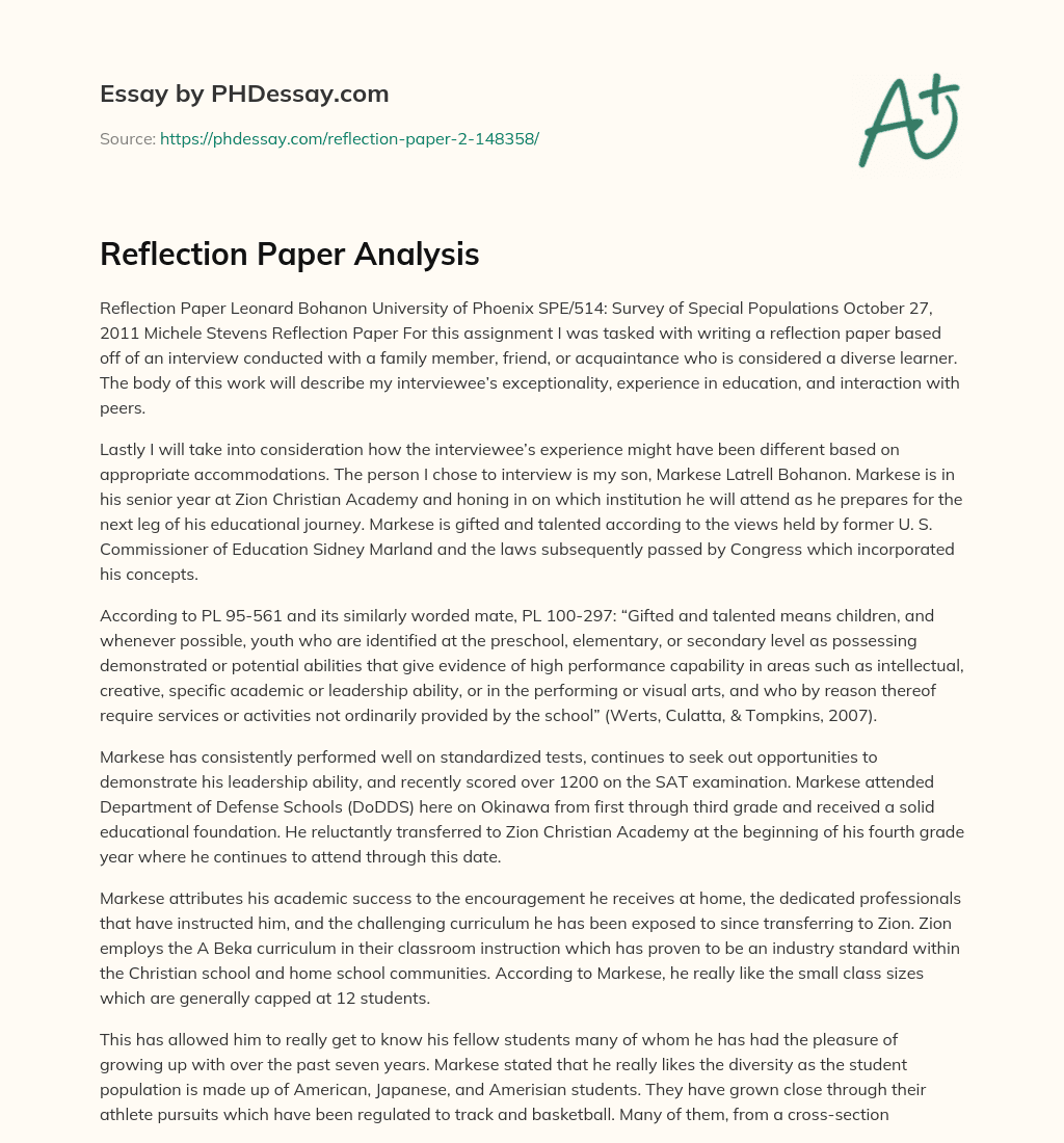 Reflection Paper Analysis essay