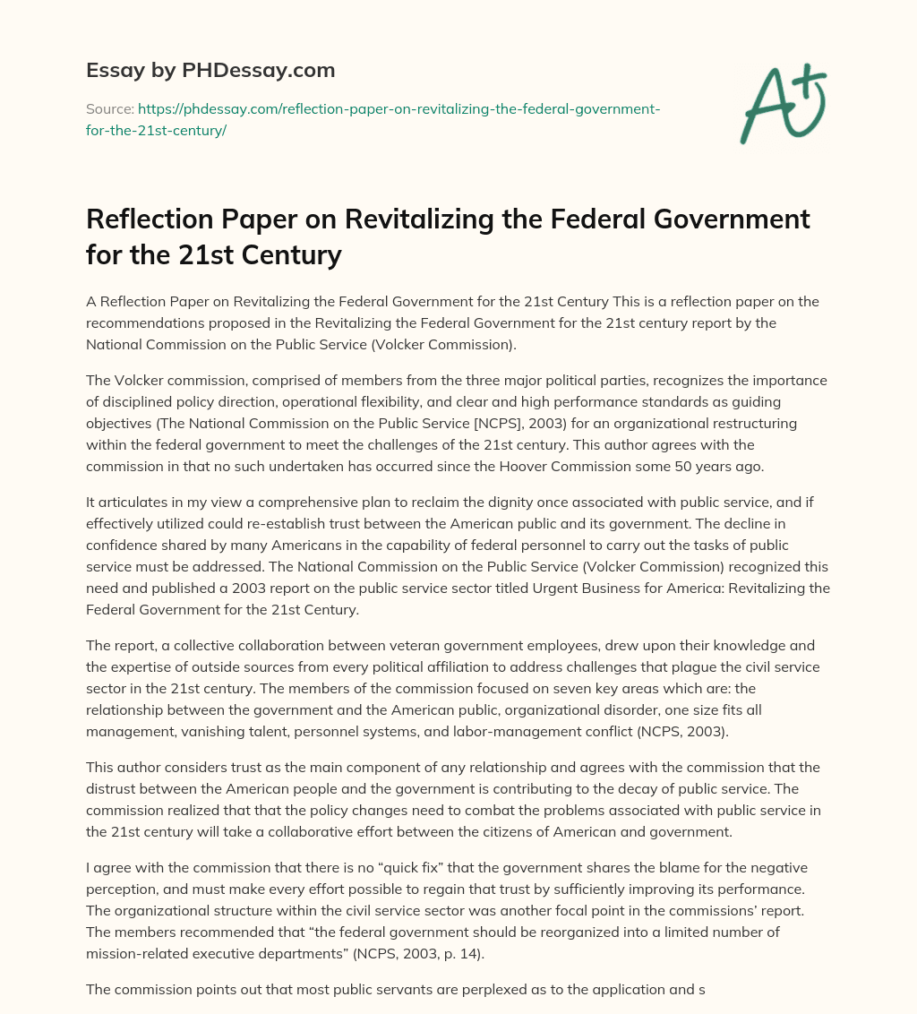 Reflection Paper on Revitalizing the Federal Government for the 21st Century essay