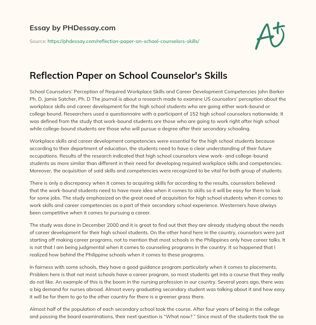 Reflection Paper on School Counselor’s Skills essay
