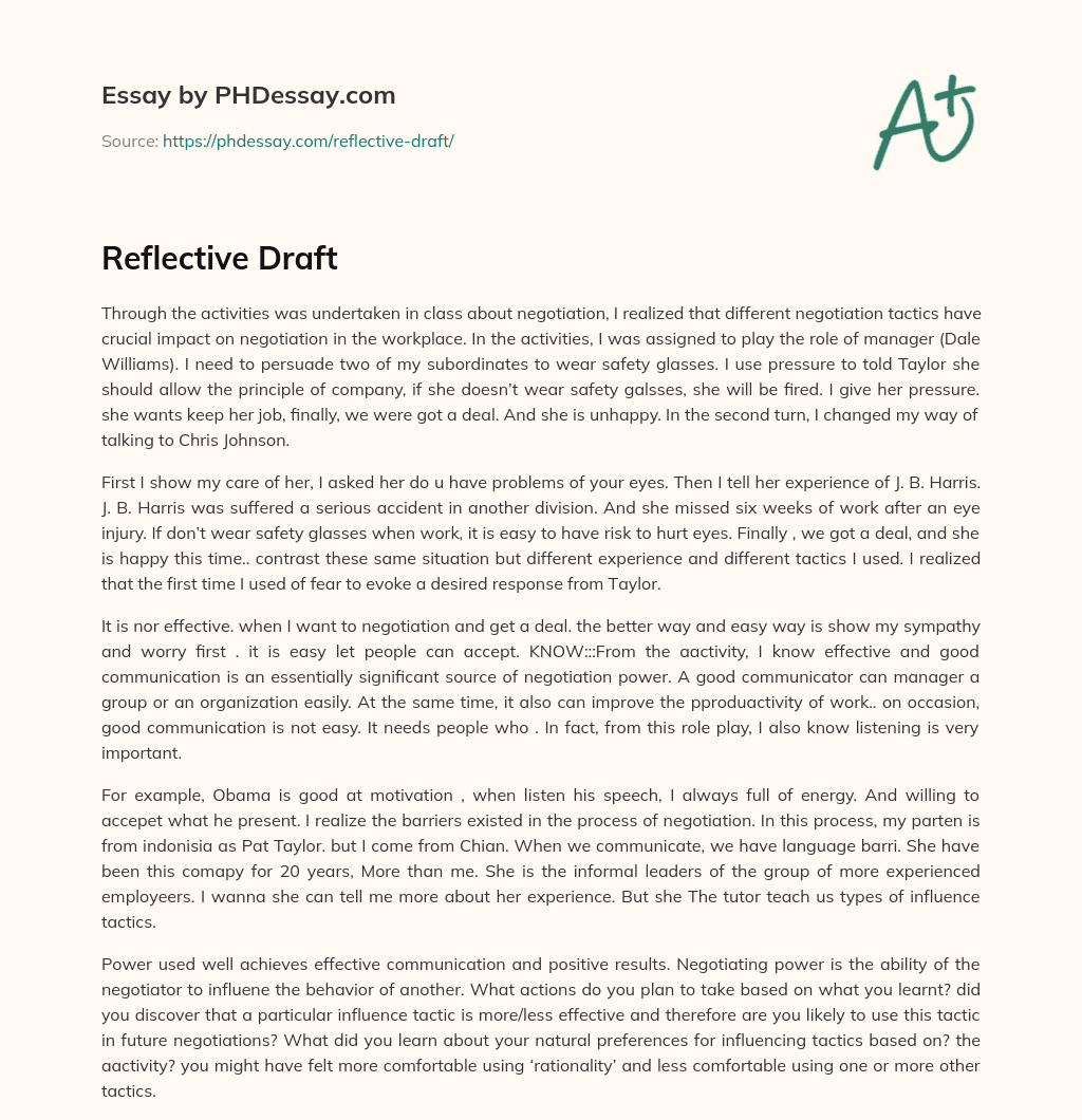 Reflective  Draft essay
