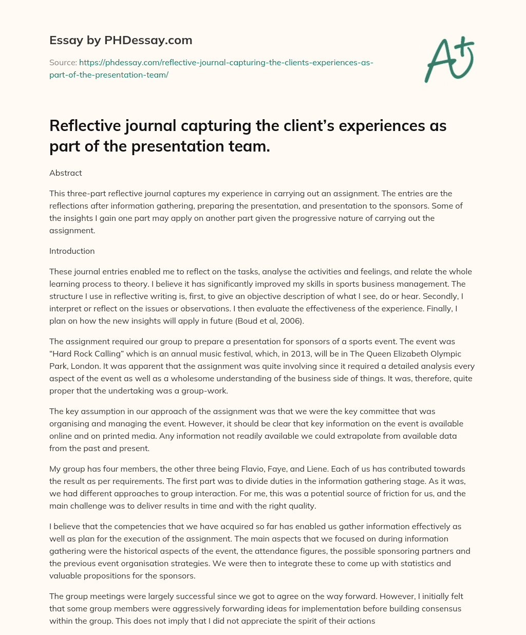 Reflective Journal on Carrying Out a Sports Business Management Assignment essay