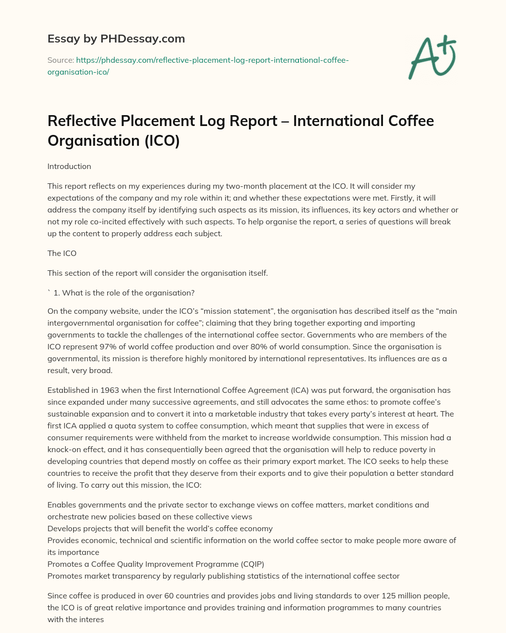 Reflective Placement Log Report – International Coffee Organisation (ICO) essay