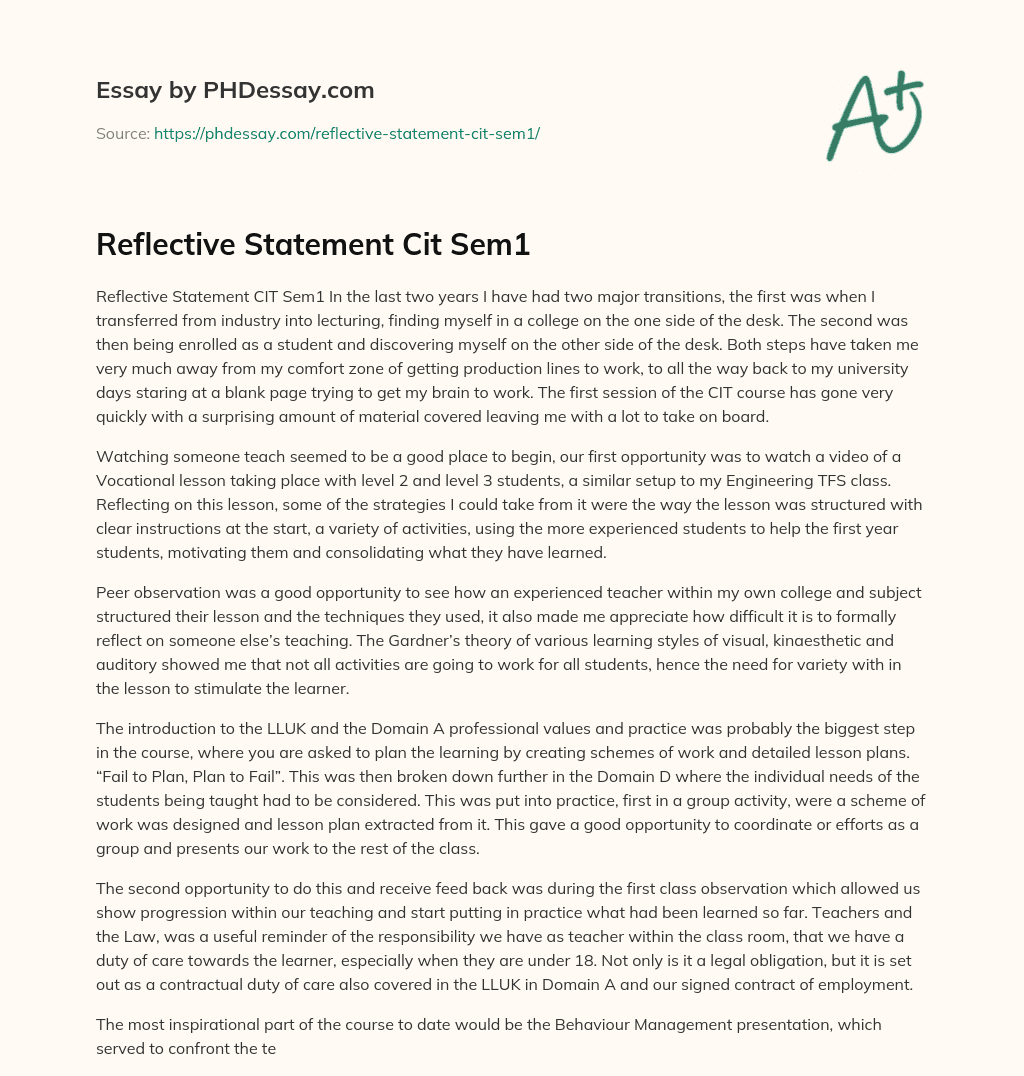 Reflective Statement Cit Sem1 essay