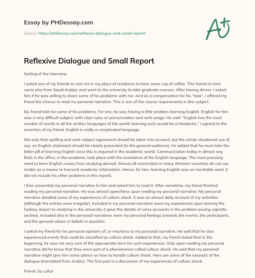 Reflexive Dialogue and Small Report essay