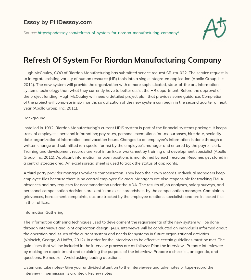 Refresh Of System For Riordan Manufacturing Company essay